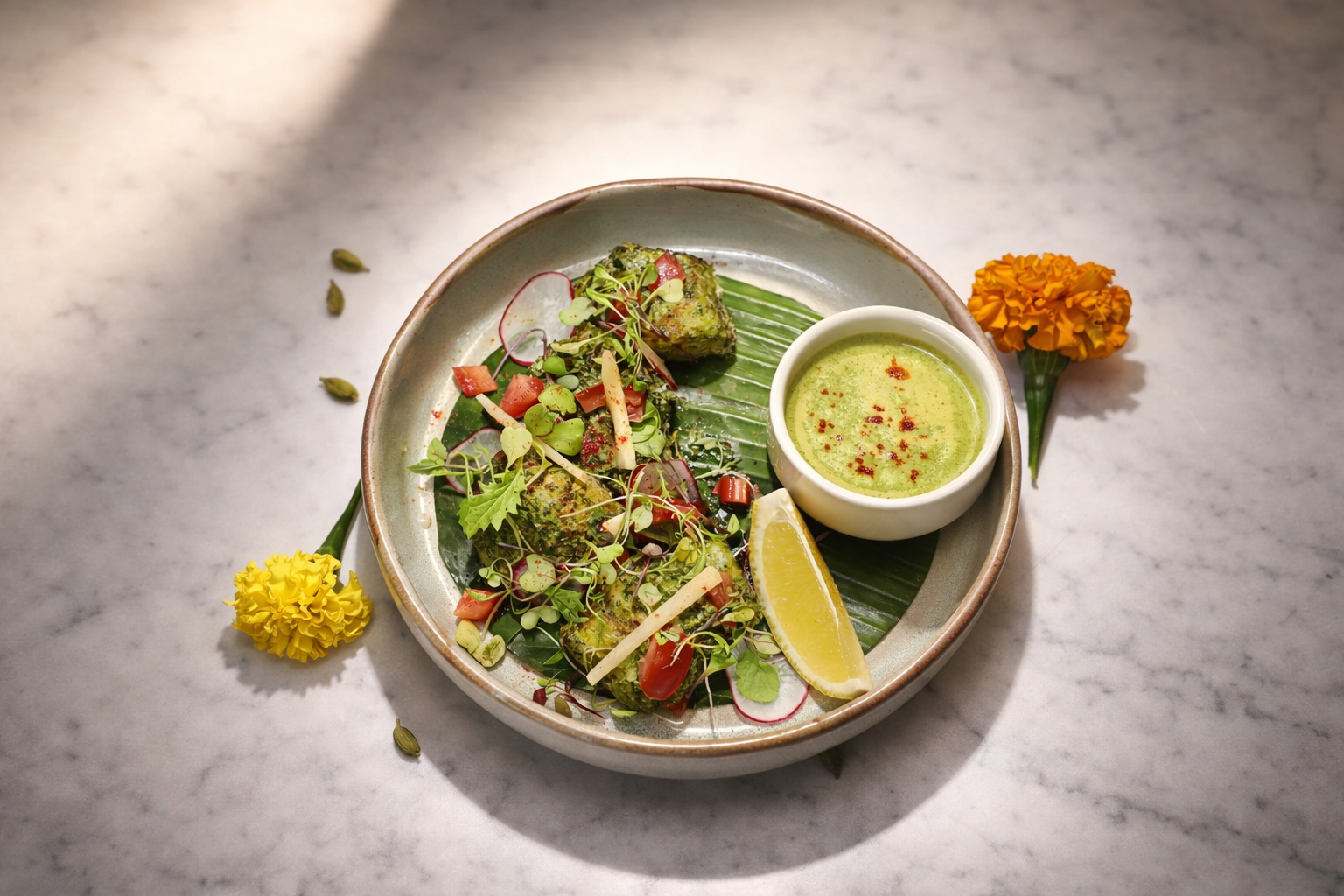 Chilli Chicken tossed in a bold masala sauce served on a banana leaf with shredded cabbage